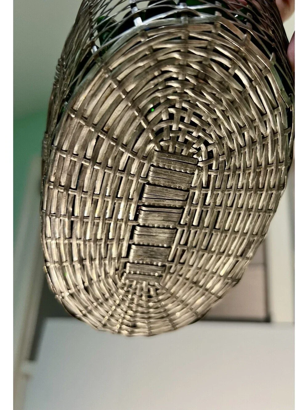 Vintage 1950s Woven Silver Tone Wire Basket With Iridescent Glass Gems, 7x7”